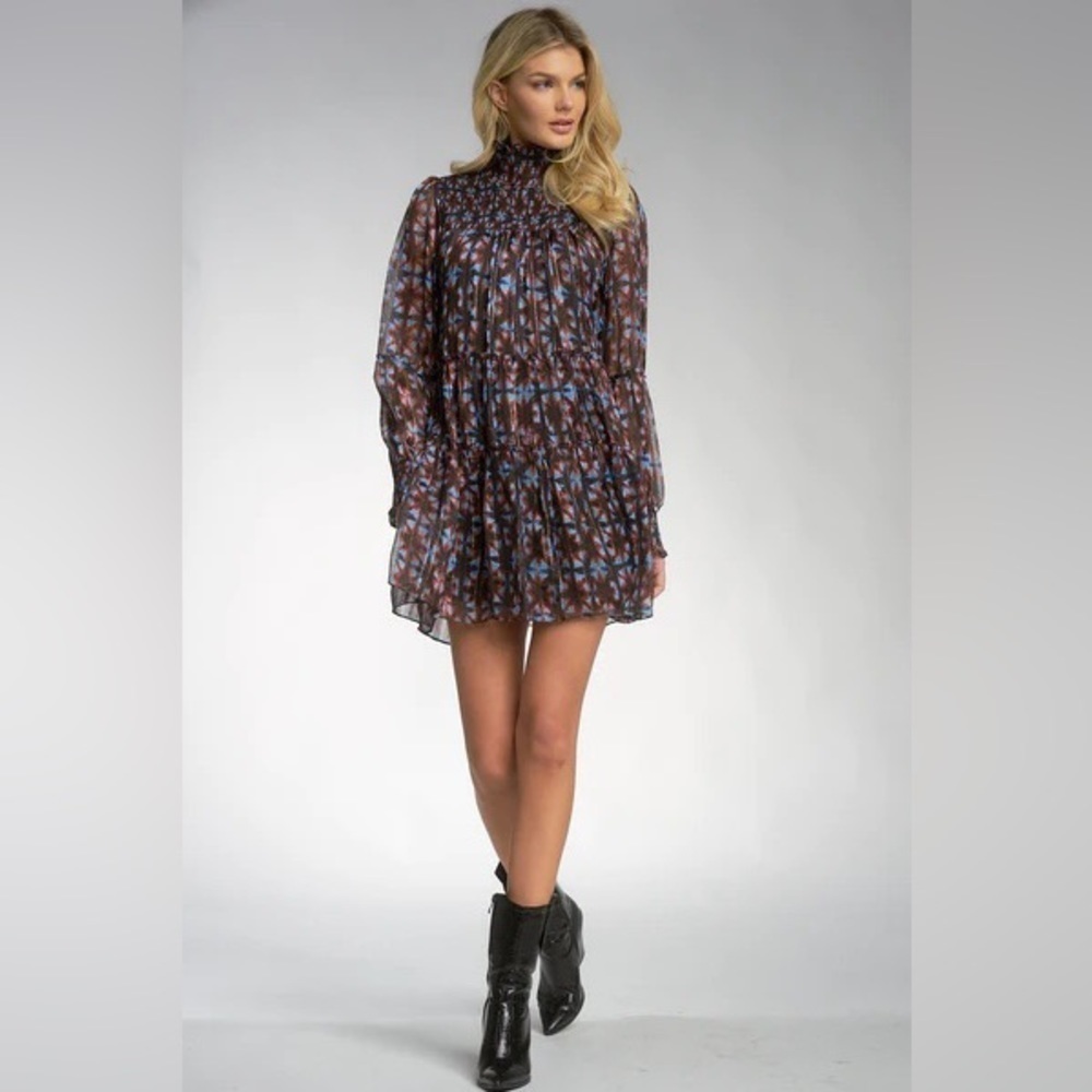 Elan Women's Mock Neck Tiered Dress Brown Size Small
